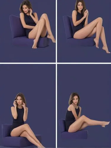 Create a body study of this girl in the style of a comic page with 4 pictures: 1. (left) close-up, 2. sitting, 3. standing (right) and 4. (below) lying on a chaise longue.,four images of a woman in sh