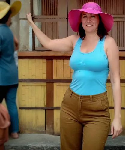 fedora,plus-size model,costa rican colon,hips,peruvian women,cowgirl,plus-size,the hat-female,sombrero,pink hat,country-western dance,countrygirl,gordita,in a shirt,see-through clothing,brasileira,cow