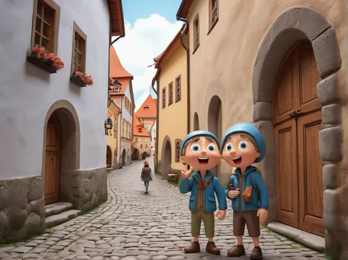 medieval street,popeye village,villagers,getreidegasse,the cobbled streets,alpine village,south tyrol,bremen town musicians,styria,street scene,colmar,old town,cobblestones,sibiu,old city,narrow street,südtirol,clay animation,bamberg,cute cartoon image,Unique,3D,3D Character