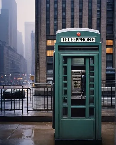 Modern architecture magazine, NYC skyscraper background, glass windows, steel frames, concrete foundation, sleek lines, urban feel, New York City Telephone booth, retro phone, metal payphone, coin slo