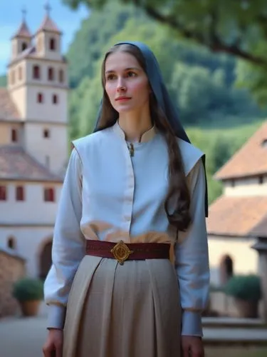 Hildegard, the day before her consecration as a nun in the idyllic monastery of Bingen, with a thoughtful look on her face as she prepares for the next step on her spiritual path.,a woman dressed in m