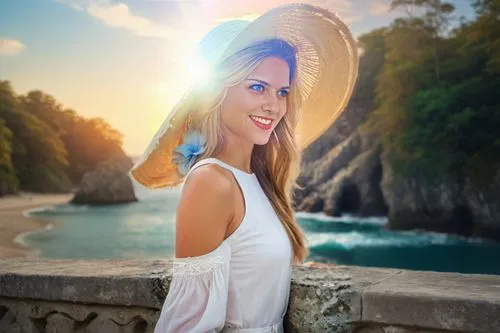 a woman with a white hat standing by a rock,womans seaside hat,landscape background,photographic background,image manipulation,sunburst background,yellow sun hat