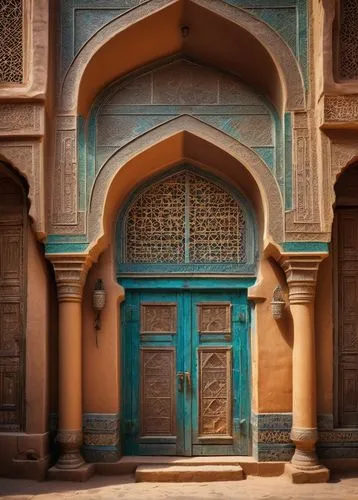 Sana'a architecture, ancient city, Yemen, mud-brick buildings, ornate doors, intricate carvings, Islamic geometric patterns, arched windows, domed mosques, narrow streets, traditional souk, vibrant co