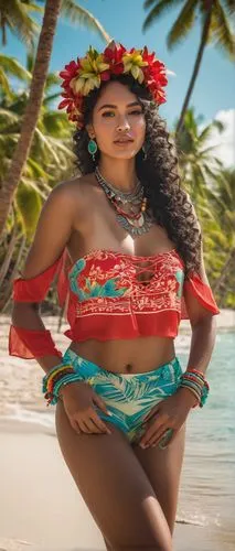 Tahitian model, Polynesian woman, exotic beauty, dark skin, curly black hair, flower crown, tropical makeup, colorful tattoos on arms and legs, red pareo, coconut shell necklace, island accessories, s