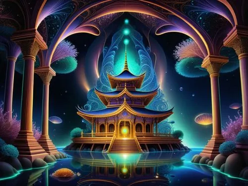 amazing fractal,a chinese temple sits in the middle of a body of water,palyul,shambhala,diwali background,fantasy picture,fantasy landscape,sanctum,3d fantasy,cartoon video game background,ramadan bac