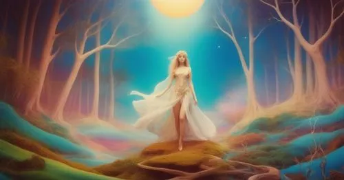 the painting is of a woman standing in a forest with trees,fantasy picture,imbolc,mediumship,faerie,light bearer,the mystical path,Illustration,Realistic Fantasy,Realistic Fantasy 37