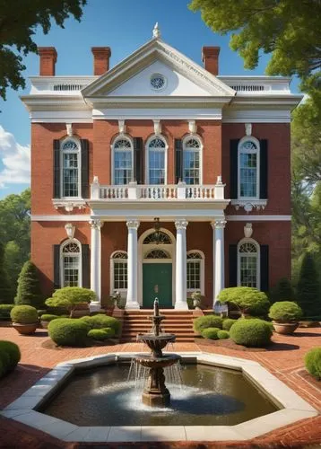 Historic mansion, Virginia, colonial style, grand entrance, white pillars, triangular pediment, red brick walls, green roof, ornate windows, intricate carvings, lush gardens, fountain, statues, walkin