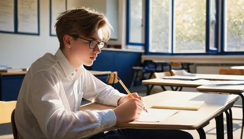 Architecture exam, student, solo, (20yo), glasses, neat hair, white shirt, dark blue pants, sneakers, holding pencil, sitting, desk, classroom, university campus, afternoon sunlight, soft lighting, 3/