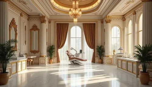 Baroque style dental clinic, luxurious interior, ornate decorations, plastered concrete walls, white marble floors, grand chandelier, golden accents, intricate moldings, sweeping archways, dramatic li