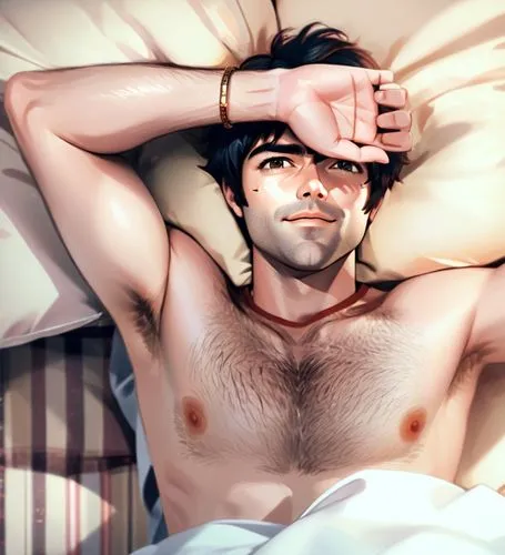 young Adrian Grenier, anime, bigger eyes, red jeans, smooth face, shaved face, hairy armpits,hairy chest laying on bed,straight fingers, plaid bed and pillows, smirk,a man laying down in bed with his 