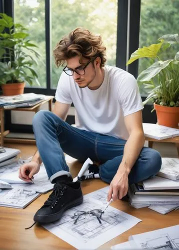 young adult, male, architecture student, casual wear, blue jeans, white T-shirt, black sneakers, backpack, books, pens, ruler, calculator, messy hair, glasses, relaxed posture, leaning on a table, sur