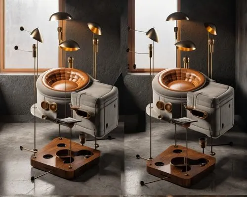 Brutalist Interior Design,two pictures of two machines with one with a circular hole,brassware,commodes,washbasin,industrial design,retro kerosene lamp,kienholz,Photography,General,Realistic