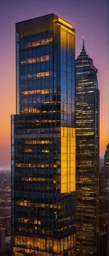 Modern skyscraper, Philadelphia cityscape, evening time, dramatic architectural lighting design, sleek glass façade, intricate metal framework, vibrant LED lights, neon accents, rooftop garden, urban 