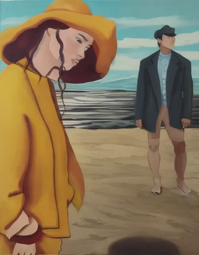 sea beach-marigold,beach walk,beach background,people on beach,walk on the beach,digital painting,man at the sea,yellow sun hat,photo painting,straw hat,young couple,woman walking,seaside,exploration of the sea,on the shore,ordinary sun hat,girl walking away,world digital painting,two people,sun hat