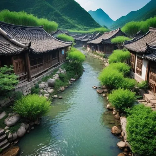 south korea,korean folk village,asian architecture,yinzhen,shaoming,qingcheng,lijiang,shannxi,green landscape,yunnan,teahouses,oriental,guizhou,guilin,yunyang,wuyuan,qingming,yunmen,yangshao,green trees with water,Photography,General,Realistic