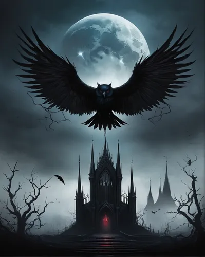 gothic architecture,dark angel,gothic style,haunted cathedral,dark gothic mood,gothic,king of the ravens,corvus,nocturnal bird,corvidae,gothic church,murder of crows,black angel,birds of prey-night,black raven,dark art,crows,calling raven,raven bird,angel of death,Conceptual Art,Sci-Fi,Sci-Fi 25