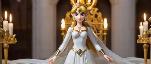 Princess Zelda, white wedding dress, long sleeve, corset back, sparkly tiara, blonde hair, elegant bun, subtle makeup, slender waist, flowing train, standing, grand throne room, Hyrule Castle, lavish 