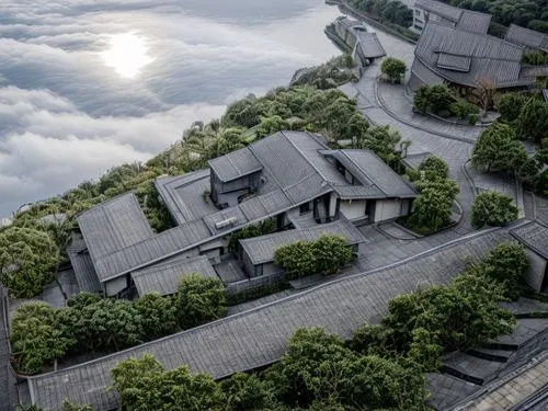 Southern Fujian, on the hill, sky background, slope roof, navy blue tiles roof, bricks wall,chinese architecture,roof landscape,suzhou,asian architecture,japanese architecture,huangshan maofeng,chines