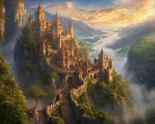 gondolin,rivendell,nargothrond,alfheim,fairy tale castle,hogwarts,fantasy landscape,beleriand,erebor,fablehaven,fairytale castle,highstein,elves country,castle of the corvin,knight's castle,fantasy city,diagon,castlelike,riftwar,seregil,Illustration,Realistic Fantasy,Realistic Fantasy 02