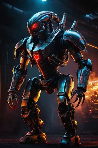 Scorpion MK, mech, futuristic, metallic armor, glowing red eyes, sharp tail, robotic legs, heavy boots, intricate mechanical details, neon lights, dark background, smoke effects, cinematic composition