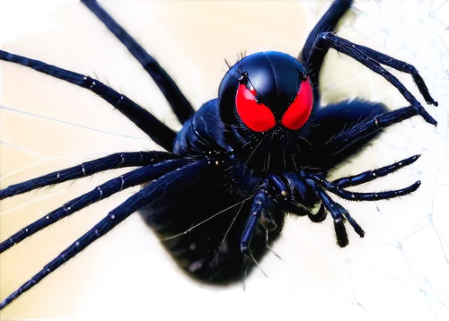 Large, black widow spider, detailed eyes, shiny exoskeleton, eight legs, hairy body, venomous fangs, sitting on web, intricate silk threads, morning dew, soft natural lighting, 3/4 composition, shallo