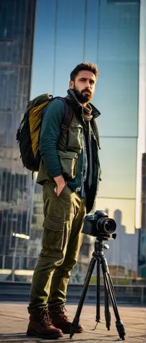 Male photographer, 30s, rugged beard, messy hair, worn denim jeans, black leather boots, olive green jacket, camera equipment, DSLR camera, lens, tripod, backpack, urban landscape, modern skyscraper, 