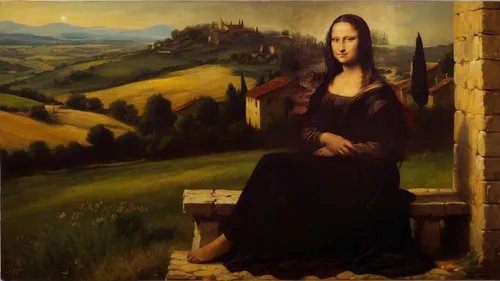 mona lisa,gothic portrait,woman sitting,the mona lisa,church painting,girl with bread-and-butter,campagna,woman drinking coffee,italian painter,leonardo da vinci,portrait of christi,meticulous painting,woman eating apple,benedictine,woman holding pie,woman at cafe,grant wood,bellini,woman with ice-cream,montepulciano