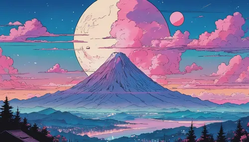 mountains,mountain,high mountains,earth rise,mountain world,stratovolcano,giant mountains,futuristic landscape,cloud mountain,volcano,mountain landscape,mountain sunrise,mountain plateau,lunar landscape,would a background,aesthetic,purple landscape,vast,high landscape,wallpaper,Illustration,Japanese style,Japanese Style 06