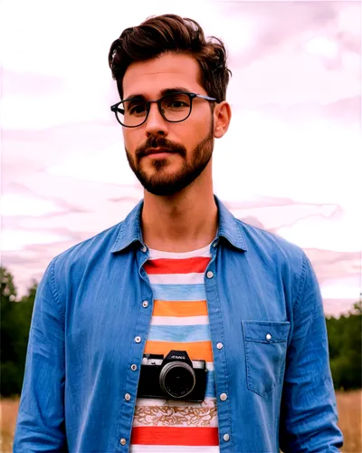 Cobert Photo, photographer, male, solo, (30yo), short hair, glasses, beard, casual wear, camera in hand, outdoor photography, nature background, cloudy sky, soft natural light, shallow depth of field,