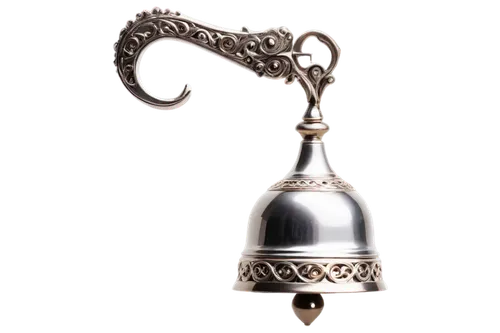 Silver bell, ornate handle, metallic texture, rounded body, shiny surface, solo, close-up, macro shot, soft focus, warm lighting, morning atmosphere, gentle ringtone, 3/4 composition, shallow depth of