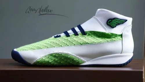 Battle knit and pebbled leather sneaker, sock collar with "wing" logo. All white with navy and green  accent color scheme ,Battle knit court shoe green ,leprechaun shoes,tennis shoe,sports shoe,greens