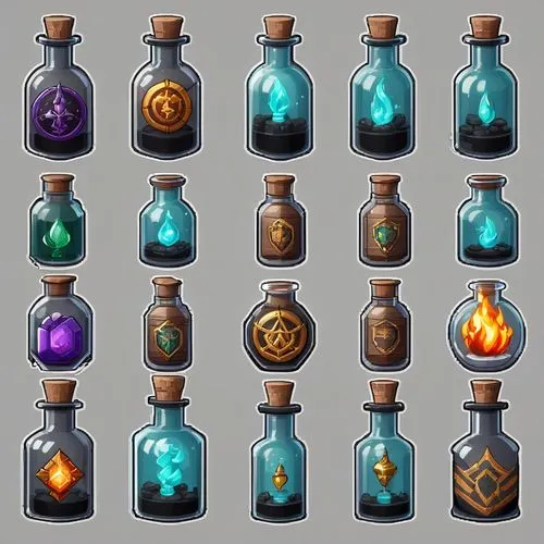 potions,gas bottles,bottles,collected game assets,glass items,glass bottles,drink icons,vials,poison bottle,apothecary,reagents,flasks,inventory,mod ornaments,set of icons,trinkets,elements,beer sets,five elements,crown icons,Unique,Design,Character Design