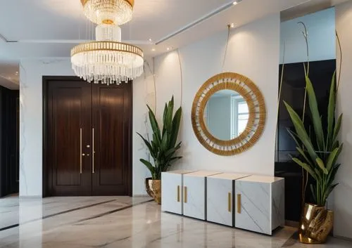 un hall de recepcion, con un estilo lujoso, piso de marmol y paredes de madera, una gran puerta de madera oscura , una consola negra y un espejo, ademas de una gran lampara colgando,luxury bathroom,mo