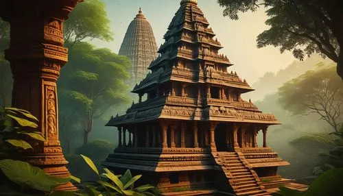 Ancient Indian temple, intricate carvings, ornate sculptures, vibrant colors, towering gopuram, majestic pillars, carved stone walls, delicate filigree, lotus patterns, Hindu deity statues, bell-shape