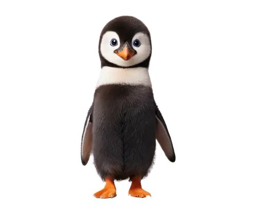 Adorable penguin, standing posture, black tuxedo feathers, white belly, orange beak, cute eyes, waddling legs, flipper feet, icy background, snowy texture, softbox lighting, shallow depth of field, 3/