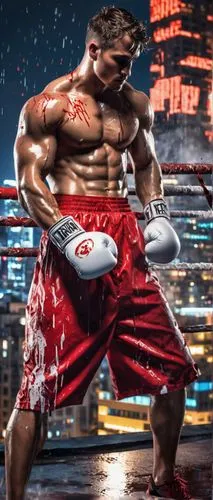 A muscular man, athletic build, wearing a white boxing glove, red boxing shorts, sweaty skin, intense facial expression, focused eyes, messy short hair, standing in a fighting stance, urban rooftop, c