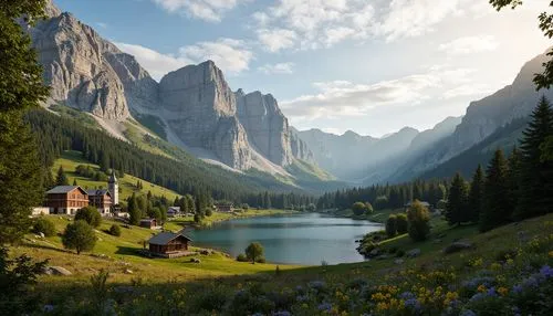 dolomites,house in mountains,alpine landscape,house in the mountains,fantasy landscape,beautiful landscape,mountain settlement,landscape background,mountain landscape,salt meadow landscape,alpine village,meadow landscape,nature landscape,home landscape,world digital painting,mountain meadow,the cabin in the mountains,south tyrol,the alps,landscape mountains alps