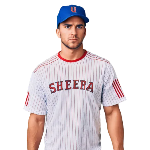 Male athlete, baseball player, dynamic pose, worn baseball glove, white baseball uniform, blue stripes, red cap, muscular arms, determined facial expression, sweat droplets on forehead, stadium backgr