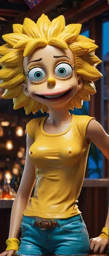 whimsical photorealistic final render of  pretty young Lisa Simpson, normal realistic face, wet tshirt contest, background tropical hotel bar on beach restaurant, tropical beach at night, 16k resoluti