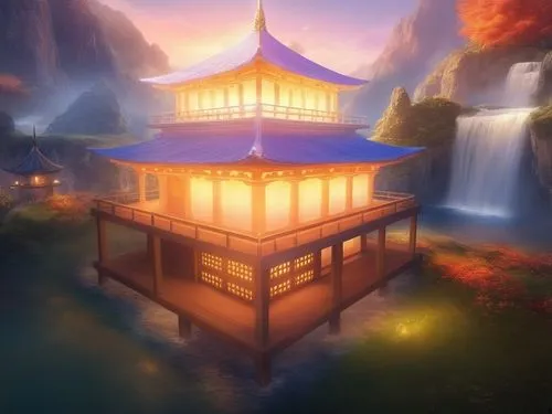 teahouse,teahouses,japanese shrine,dojo,the golden pavilion,golden pavilion,buddhist temple,ryokan,chuseok,shrine,asian architecture,hall of supreme harmony,shrines,japanese-style room,dreamhouse,dusk background,tianxia,sanctum,ancient house,background design,Illustration,Realistic Fantasy,Realistic Fantasy 01