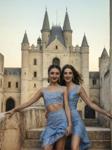 dancers in a palace,two girls wearing blue dresses standing on steps,ballerinas,loches,dancers,debutantes,royal castle of amboise,ballgowns,Photography,Documentary Photography,Documentary Photography 