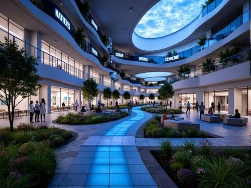 Futuristic student halls, curved lines, neon-lit walkways, holographic signage, rooftop gardens, hydroponic systems, vertical farming, LED-lit trees, glowing pathways, futuristic furniture, minimalist