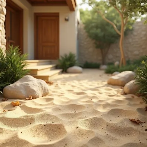 Sand, granular texture, beige color, natural material, architectural design, modern villa, Mediterranean style, outdoor decoration, garden pathway, gentle slope, subtle shadows, warm sunlight, afterno