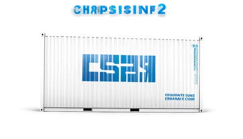 Shipping container, corporate logo, rectangular shape, blue and white colors, bold font, 3D metallic texture, reflective surface, slight gradient effect, centered composition, soft light source, HD re