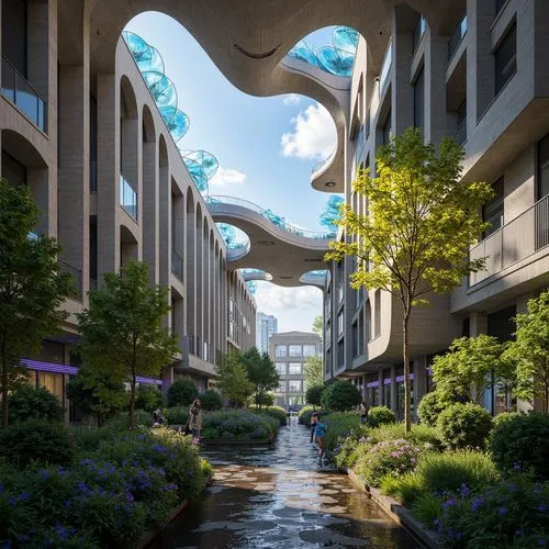 Organic forms, iridescent colors, undulating structures, natural ventilation systems, self-healing materials, adaptive fa\u00e7ades, biomimetic columns, leaf-inspired roofs, tree-like supports, fluid 