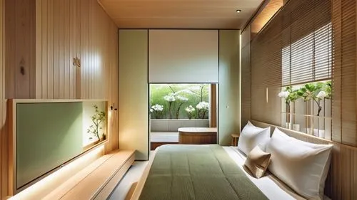 This design shows the spring Japanese style hot spring hotel that combines Japanese style with Puli culture. It uses white oak and milk tea colors, combined with soft green, making the overall space f