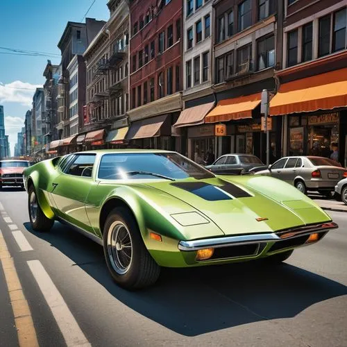 The sleek lines of a 1970s car glide through the streets of the city, leaving behind a trail of dust and debris. The car's metallic body gleams in the bright neon lights of the future, and its engine 