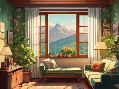 mountain scene,windows wallpaper,studio ghibli,ghibli,livingroom,bedroom window,study room,sylvania,window sill,home corner,home landscape,japanese-style room,windowsill,sitting room,the cabin in the mountains,landscape background,boy's room picture,room,apartment,living room,Conceptual Art,Sci-Fi,Sci-Fi 06