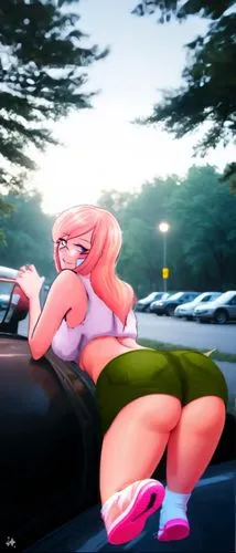 muscle car cartoon,girl washes the car,dusk background,shadman,futa,car hop