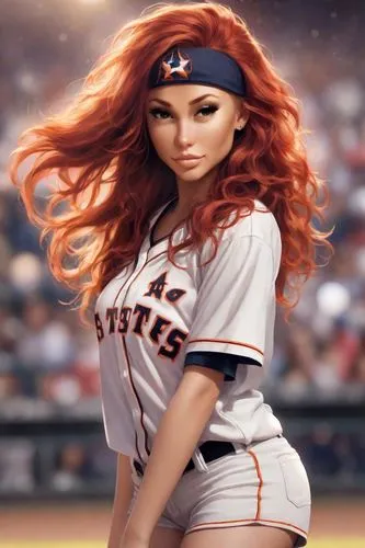 photography 08, portrait, digital painting, artistic 04, young female, long wavy vibrant red hair , brown eyes, naughty expression, only wearing torn up houston astros baseball jersey covering her bum